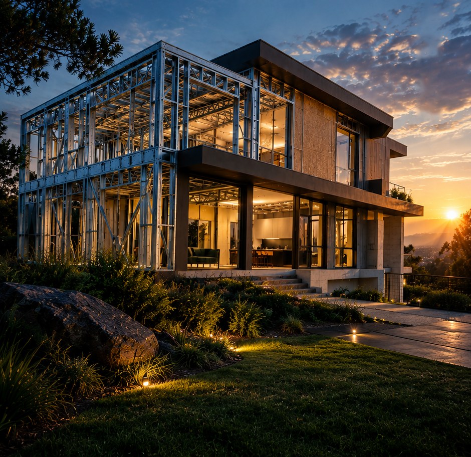 Casa contemporânea em steel frame ao entardecer, com parte acabada e parte com a estrutura de aço galvanizado aparente